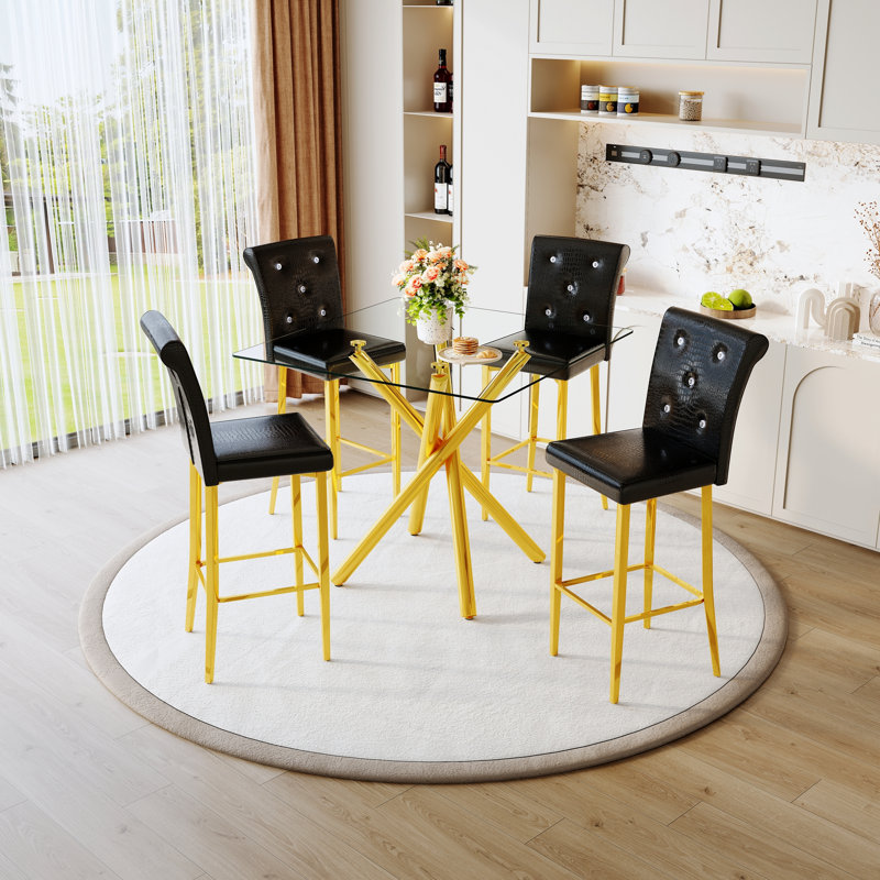 3 Pieces Dining Table Set, Glass Table And 2 Bar Stools, Black/Gold