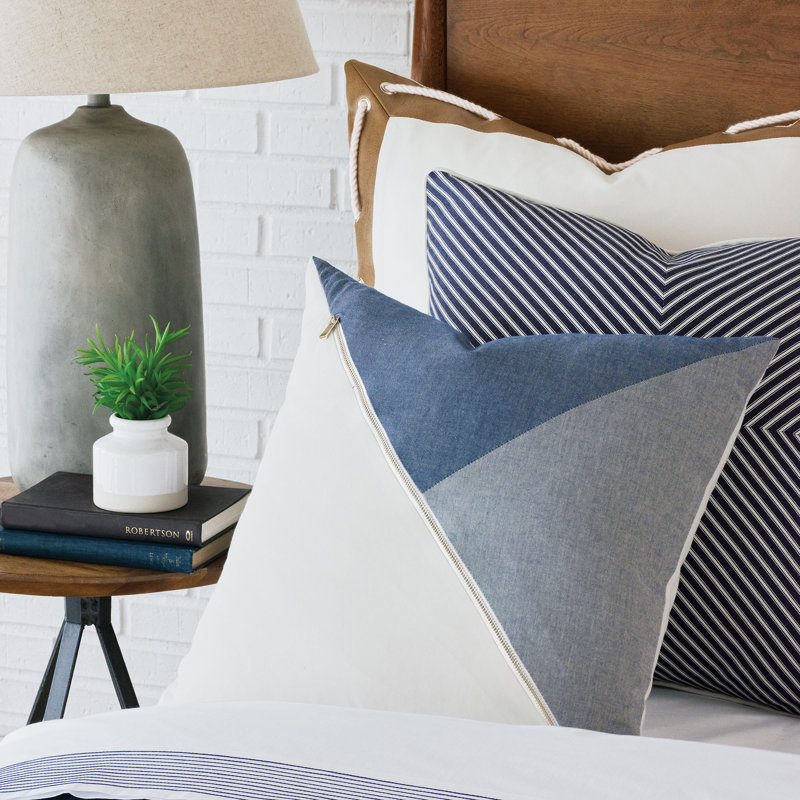 Blue and White Cotton Square Throw Pillow with Faux Down Insert