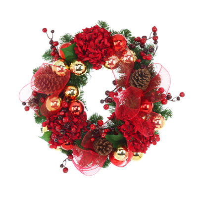 20" Holiday Wreath with Pinecones, Berries, Ornaments and Ribbon