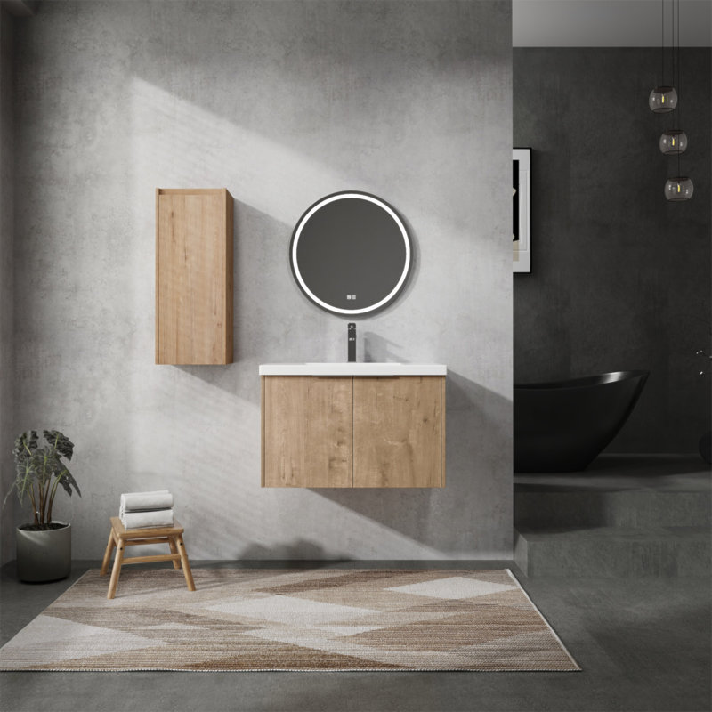 Meuble-lavabo mural de 30 po avec lavabo et armoire latérale, portes à fermeture en douceur, finition en mélamine résistante aux égratignures