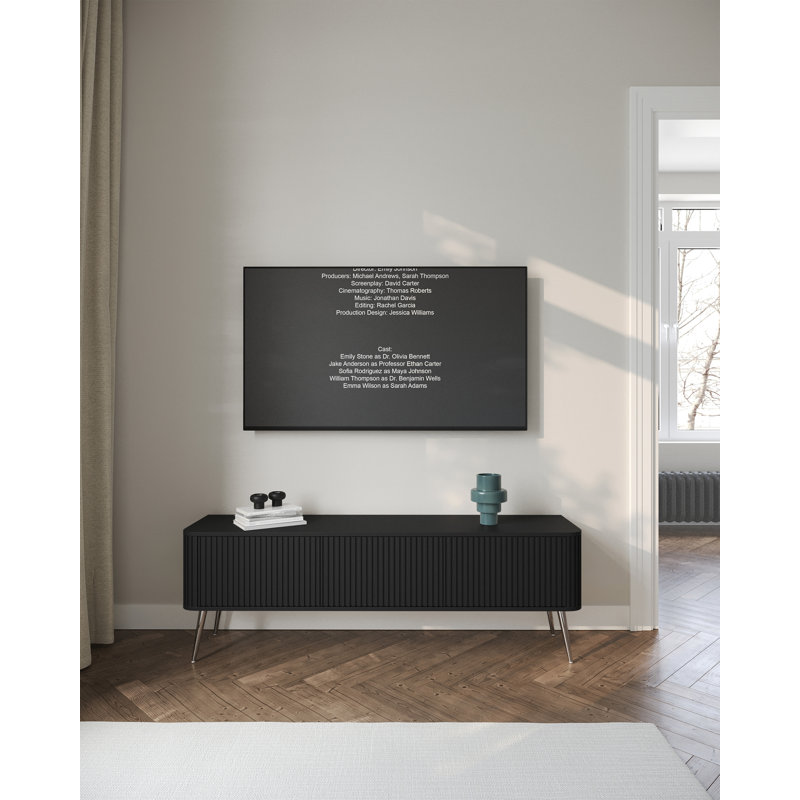 Ovarlo TV Cabinet with Fluted Design, Three-Door with Legs, Black/Silver