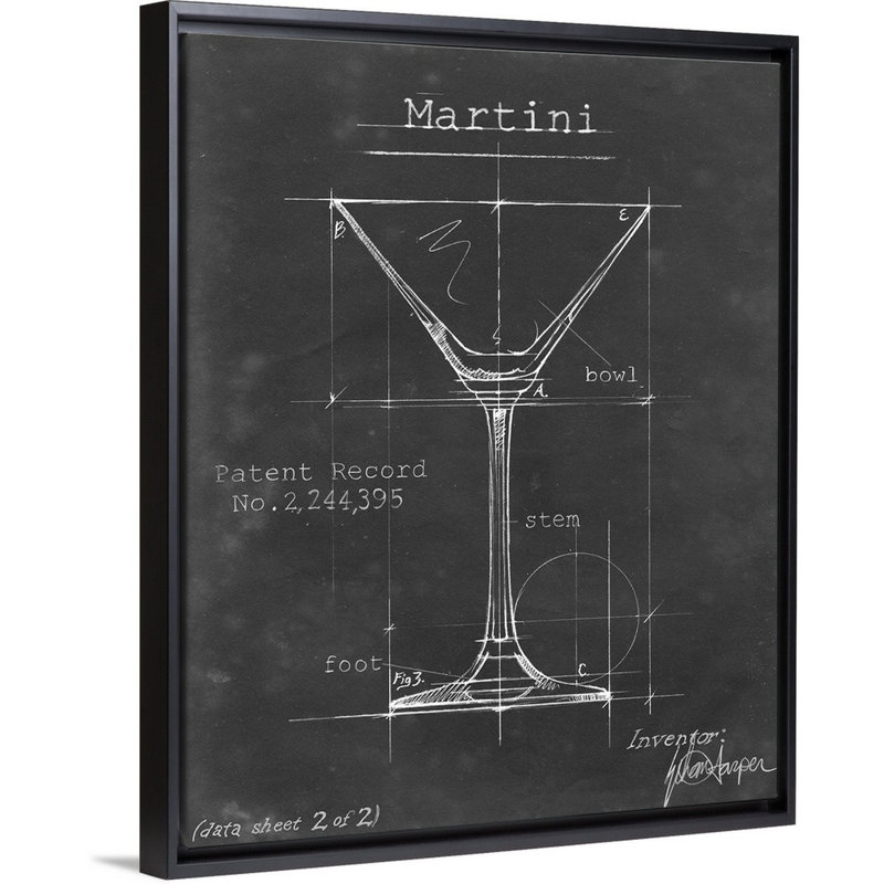 Barware Blueprint V - Reproduction d'art graphique sur toile, H 15,7 po x l 12,7 po x P 1,75 po, Cadre flottant noir