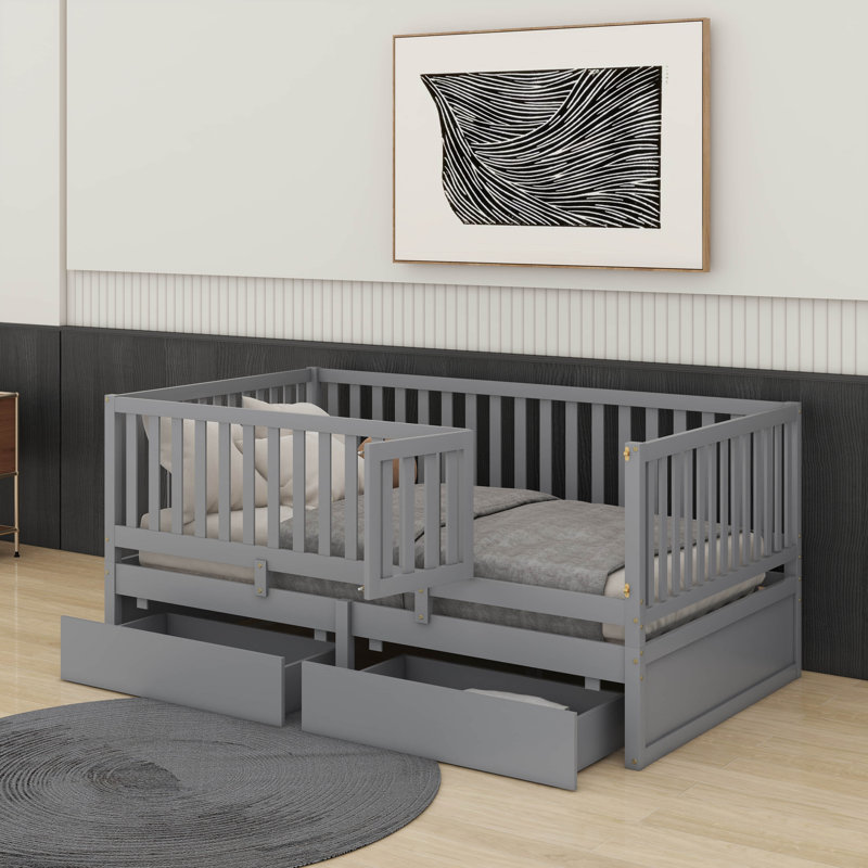 Wood Daybed With Fence Guardrails And Drawers, Gray, Twin