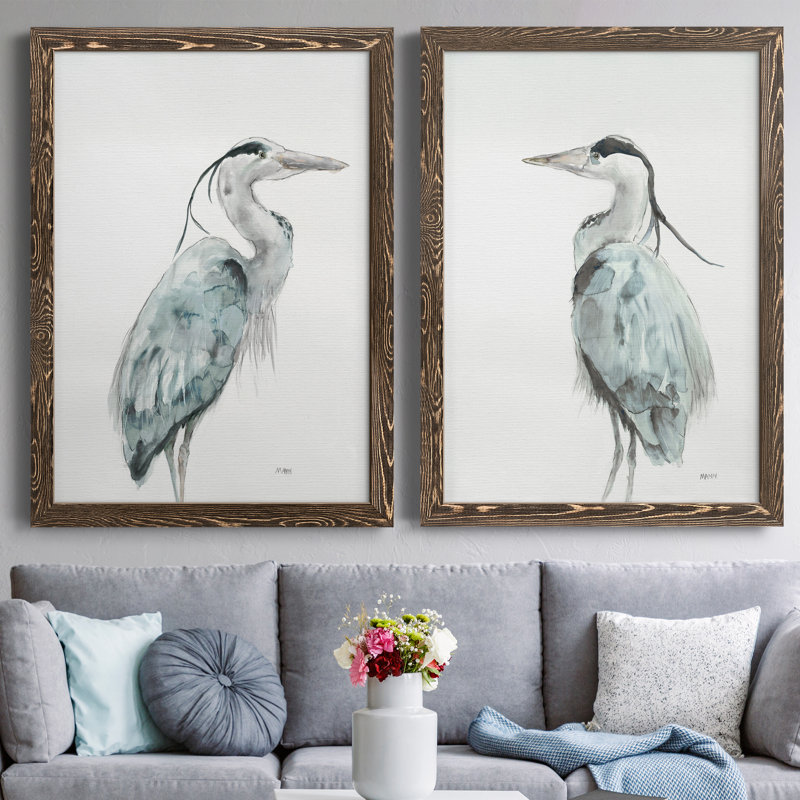 Blue Heron I - ensemble de 2 reproductions d'art sur toile encadrées, Encadré de bois de noyer