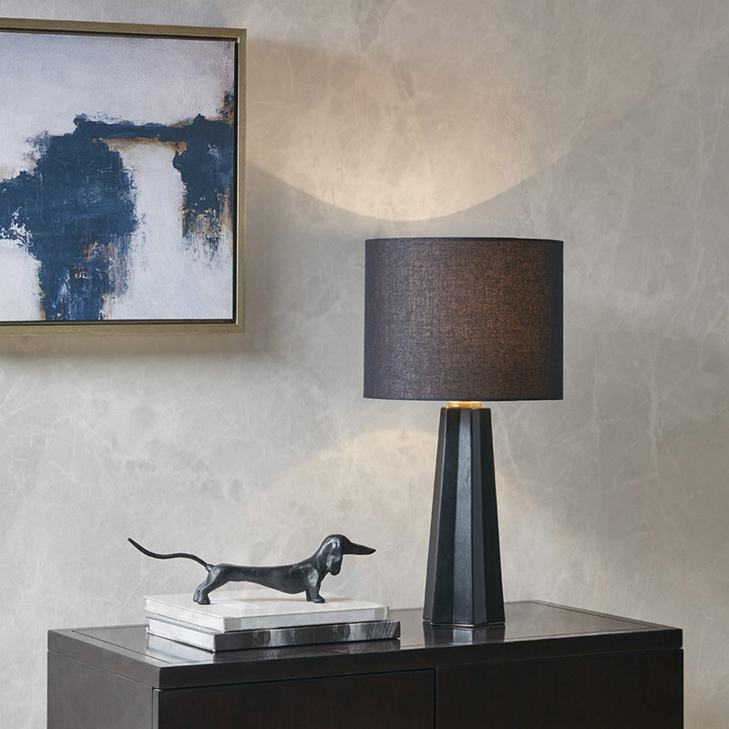 Athena Matte Black Geometric Ceramic Table Lamp with Drum Shade