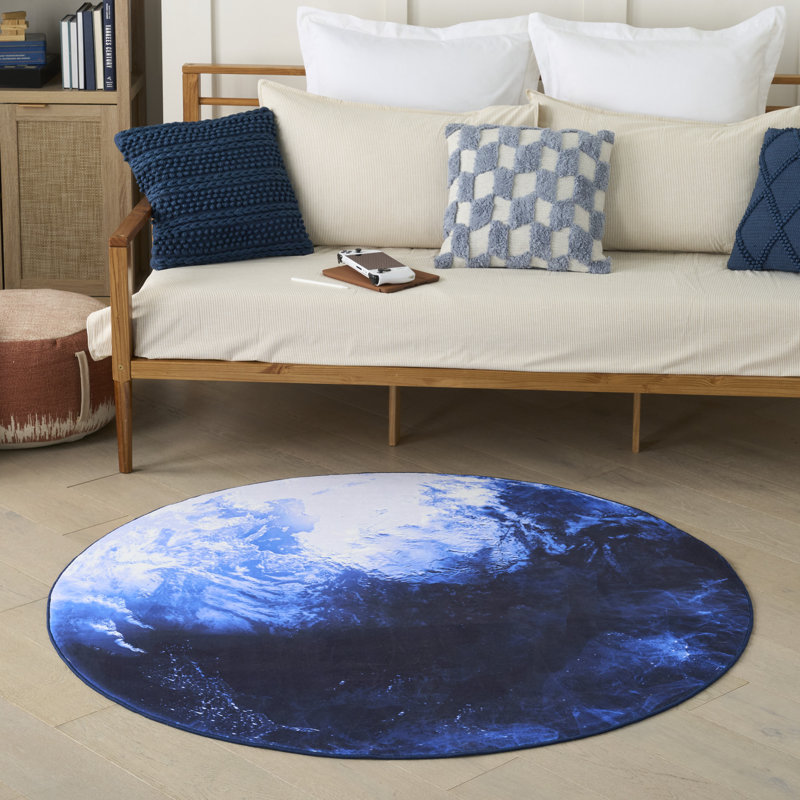 Zoomie Armita Machine Washable  5' x Round Blue Indoor Rug