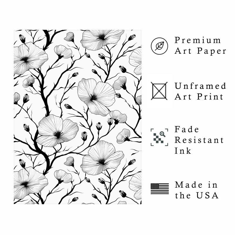 Impression florale noire et blanche à motif floral de rêve moderne, H 16 po x l 12 po