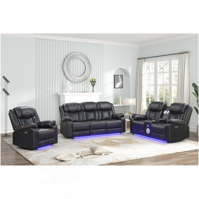 Fauteuil inclinable électrique 3 pièces moderne et contemporain à DEL avec fauteuil et causeuse avec console et haut-parleurs Bluetooth faits de cadre en bois et en métal noir