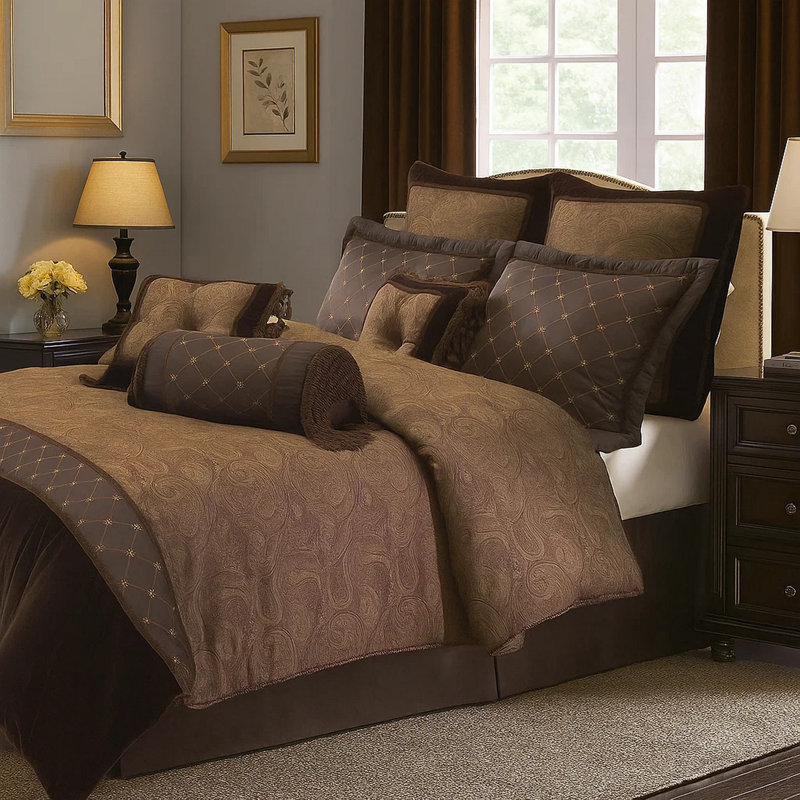  Ensemble d'édredon en microfibre brun 9 pièces, Grand édredon et 8 pièces supplémentaires