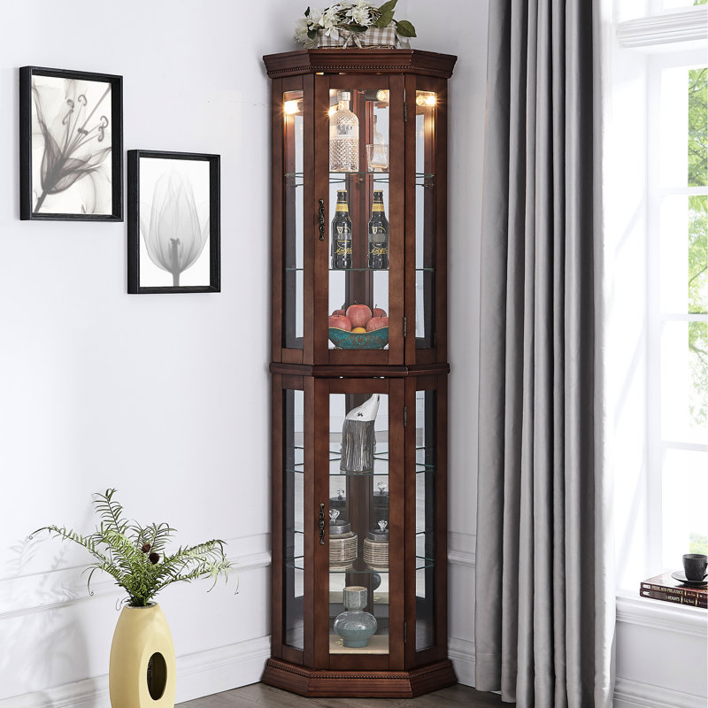 Armoire lumineuse gracieuse en verre trempé, tablettes réglables, décorations de présentation, Noyer