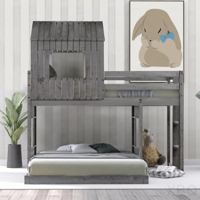 Wooden Twin Over Full Bunk Bed, Loft Bed With Playhouse, Farmhouse, Ladder And Guardrails , Antique Gray