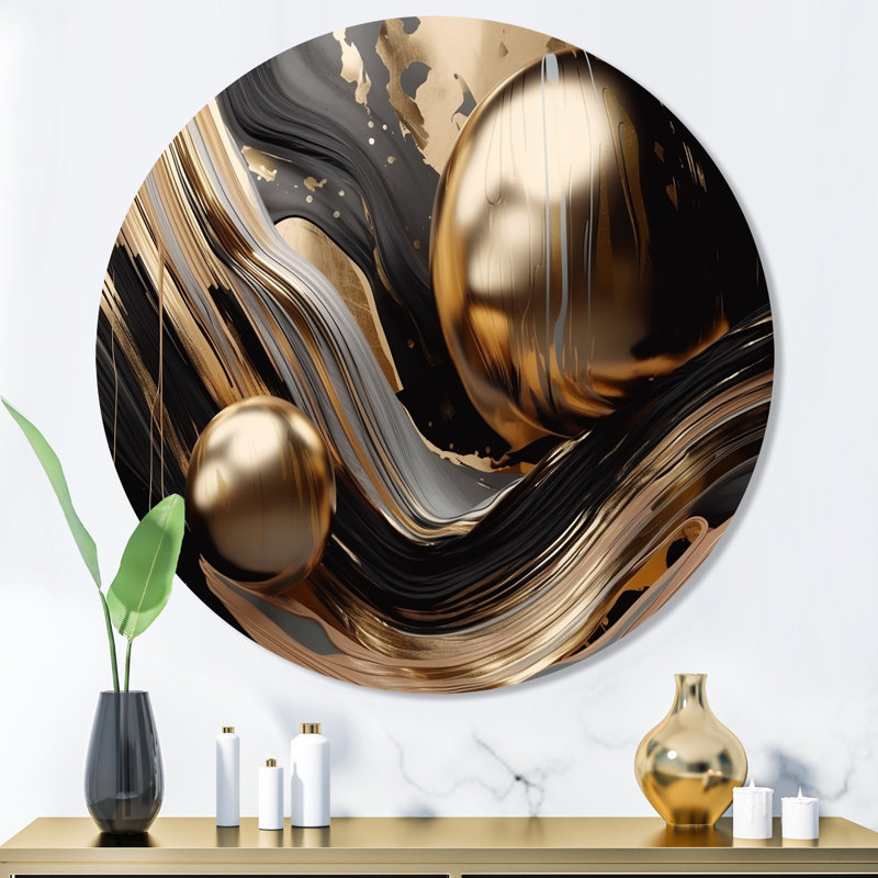 Marbre captivant doré et noir I - art abstrait rond en métal marbré, H 16 po x l 16 po x P 1 po