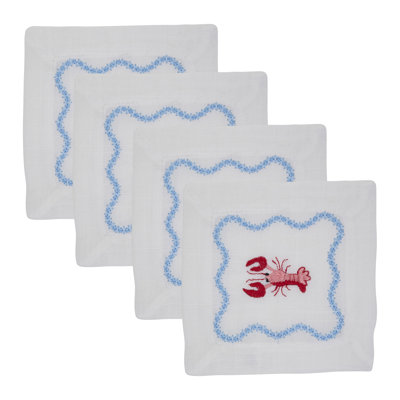 Embroidered Lobster Cocktail Napkins (Set of 4) - Nautical Beverage Napkins for Coastal Entertaining & Summer Gatherings