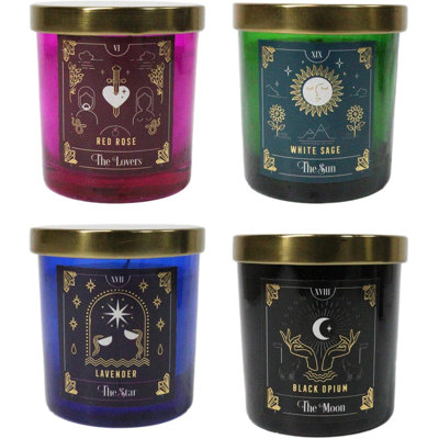 Set Of 4 Wicca Tarot Red Rose Lavender White Sage Black Opium Pillar Candles