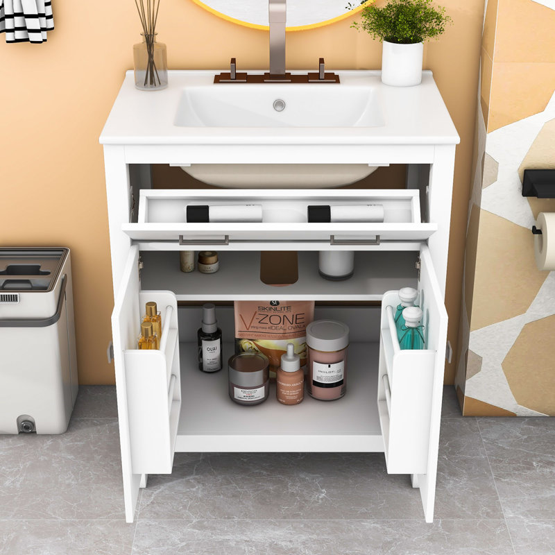 Meuble-lavabo de 30 pouces avec lavabo en céramique, armoire à rideaux et portes à fermeture en douceur, Blanc