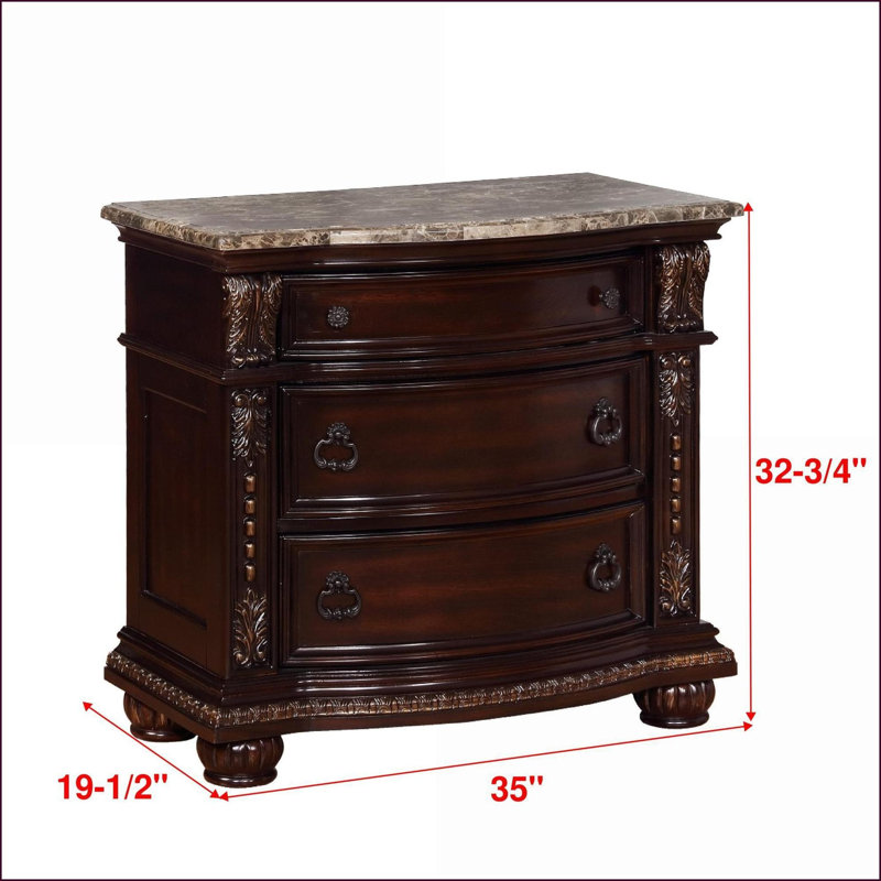 Table de chevet 3 tiroirs Traditional avec plateau en marbre et finition cerisier