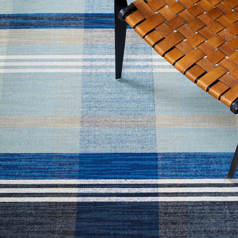Anjail Flat Weave Wool/Cotton Plaid Rug in Black/Blue, Square 6'