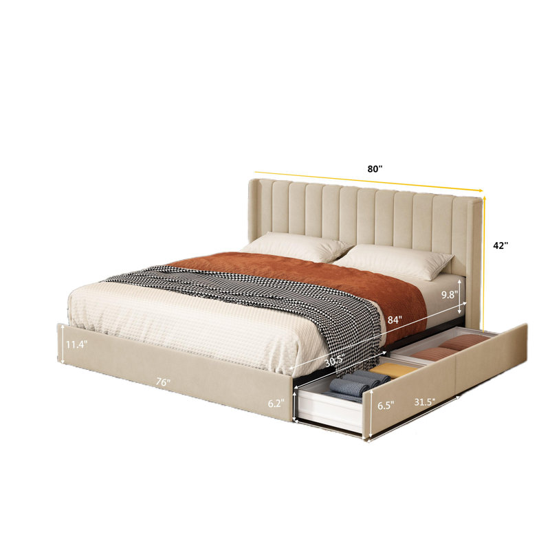 Jeilyn Upholstered Platform Drawer Storage Bed, King, Cream
