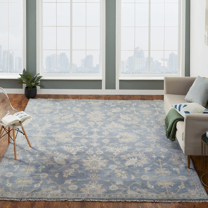 Faucett Wool Oriental Area Rug in Blue, Rectangle 6' x 9'