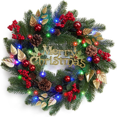 18 Inch Battery Operated Pre-Lit Christmas Wreath with 40 LED Lights for Indoor Outdoor Use