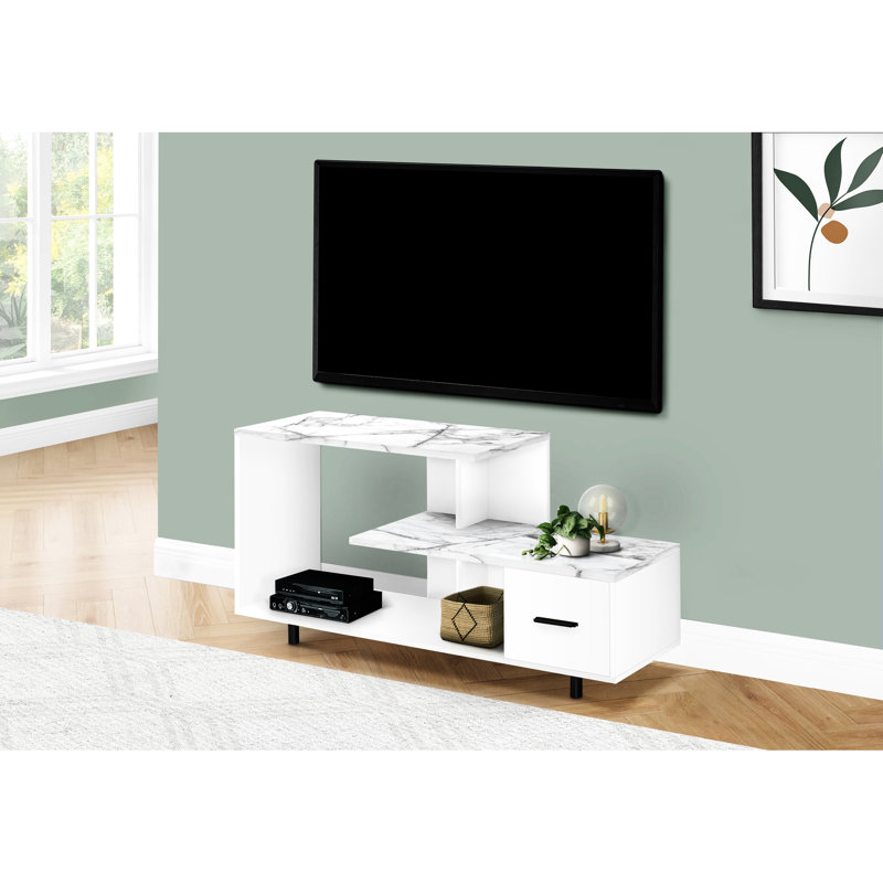 48 Inch Tv Console, White Marble Look Surface Pattern And Storage Functionality For Bedroom & Living Room Contemporary Stand, Texture Design Facility