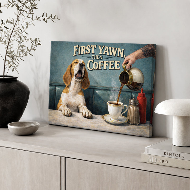 Œuvre de chien rétro, bâillement puis café, photos de cuisine de café, impression sur toile encadrée, Toile tendue