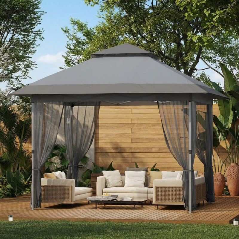 12x12 Portable Folding Canopy Tent with Mosquito Netting and Curtains, Heavy Duty Steel Frame Adjustable Height Outdoor Canopy with Wheeled Bag