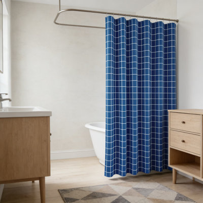 Modern Farmhouse Shower Curtain, Faux Linen Textured Grid Plaid Design, Heavyweight Polyester Fabric, Machine Washable, 70X72 Inches For Standard Bathrooms