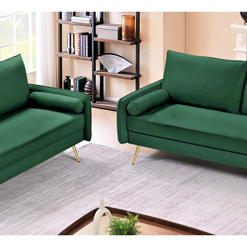 Ensemble de canapés en velours 2 pièces avec pieds en métal doré, 77" W, Green Polyester