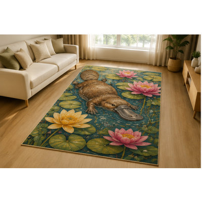 "Ultra Thin" 5' x 7'Platypus Lotus Pond Area Rug for Living Room, Soft Low Pile Indoor Rug with Non-Slip Silicone Backing, Nature Decor for Bedroom, Office, Family Room, Kids & Pets, Teal Brown Pink