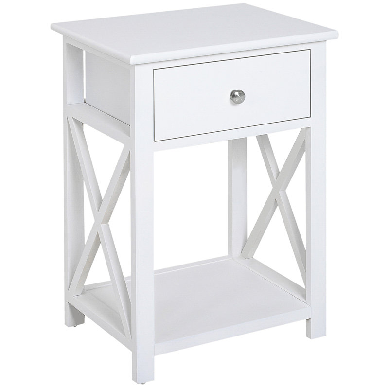 White Farmhouse End Table with Drawer, Open Shelf & X-Frame for Living Room