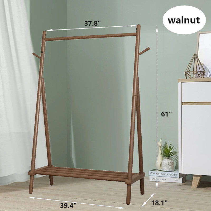 Portant à vêtements en bois massif avec tablette et crochet, Noyer