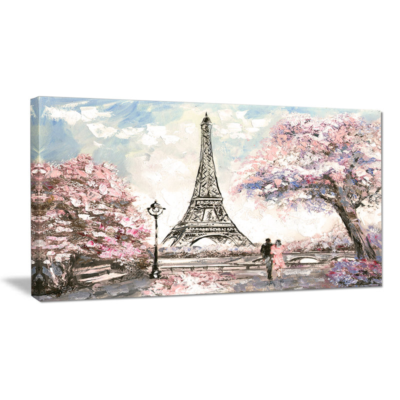 Paysage urbain «Eiffel avec fleurs roses», peinture, H 16 po x l 32 po x P 1 po, Toile tendue