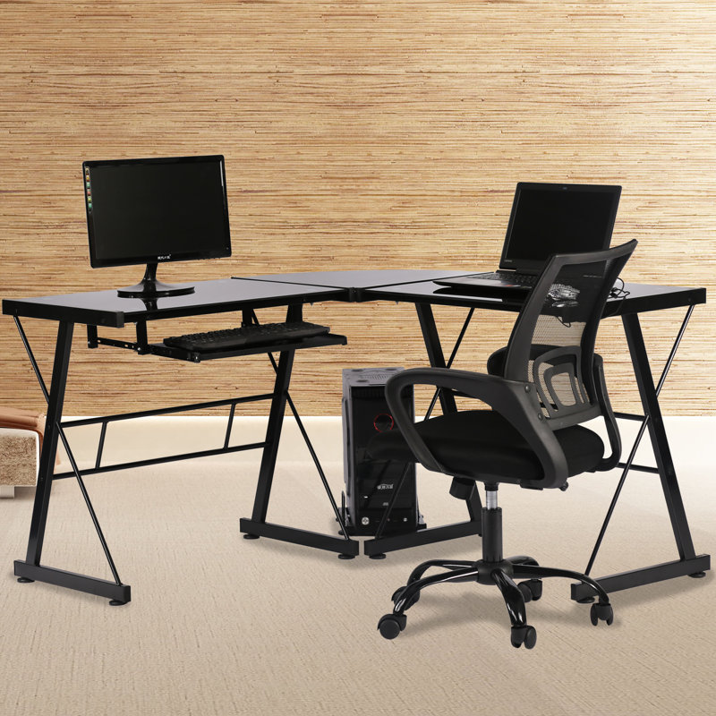 L-Shaped Glass Top Metal Base Computer Desk