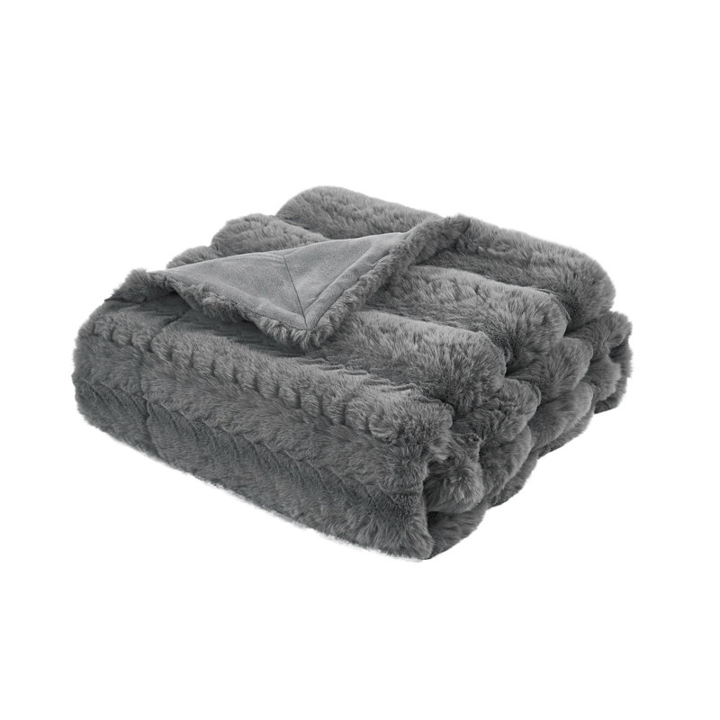 Jeté en fausse fourrure de lapin, Gris, 60 po x 70 po