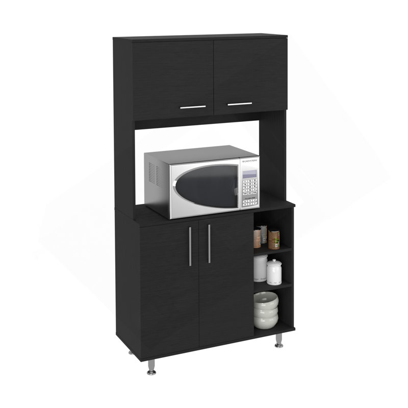 Kitchen Pantry Double Door Cabinet, Four Legs, Three Shelves, Black, Black