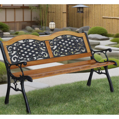 Banc d'extérieur en pin fin et en métal, pour une détente maximale, conception à lattes ouvertes, meilleure ventilation, patio de 50 po de long avec cadres en bois et métal, courbe confortable, circulation d'air, longueur totale