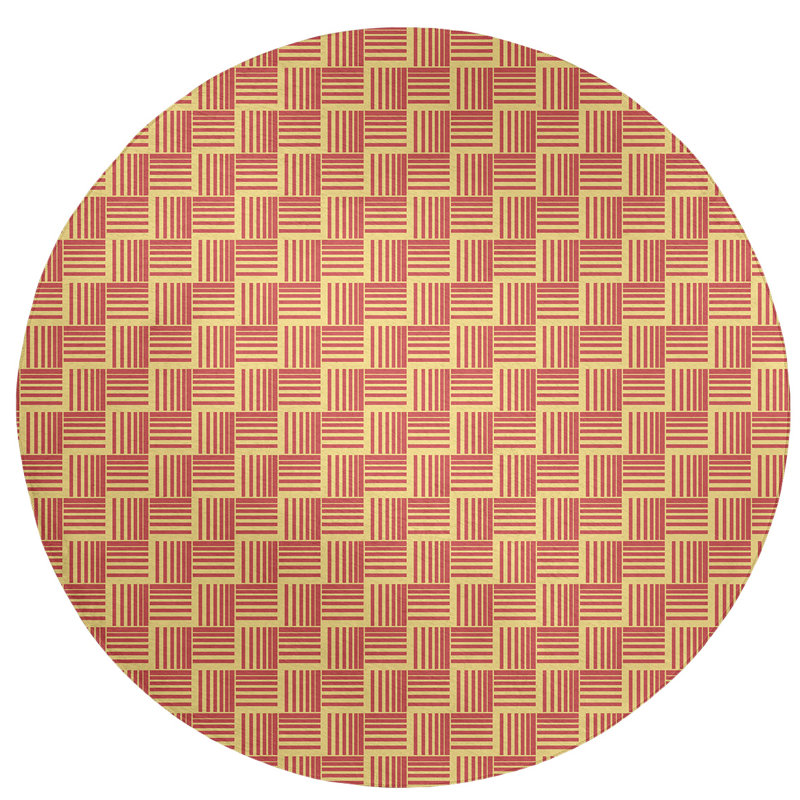 Tapis jaune/rouge clair rayures basketweave, Rond 5 pi