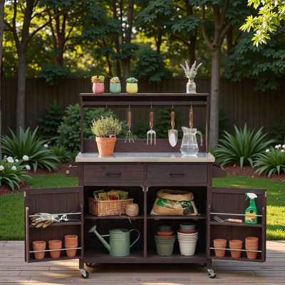 Outdoor Kitchen Island With High Shelf, Stainless Steel Top,storage Cabinets, Storage Cabinet, Spice Racks, Towel Rack And Internal Storage Racks