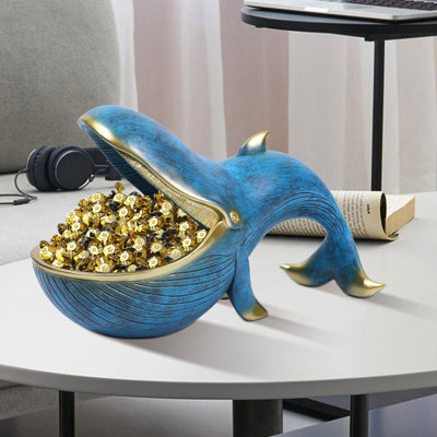 12'' Whale Statue, Resin Whale Figurine Fun Candy Dish Home Decor, Key Bowl For Entryway Table(Bronze Blue)