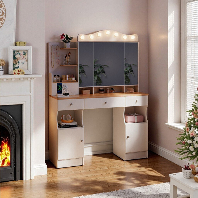 Bureau de coiffeuse à éclairage réglable avec miroir pliable et tiroirs USB Power Strip