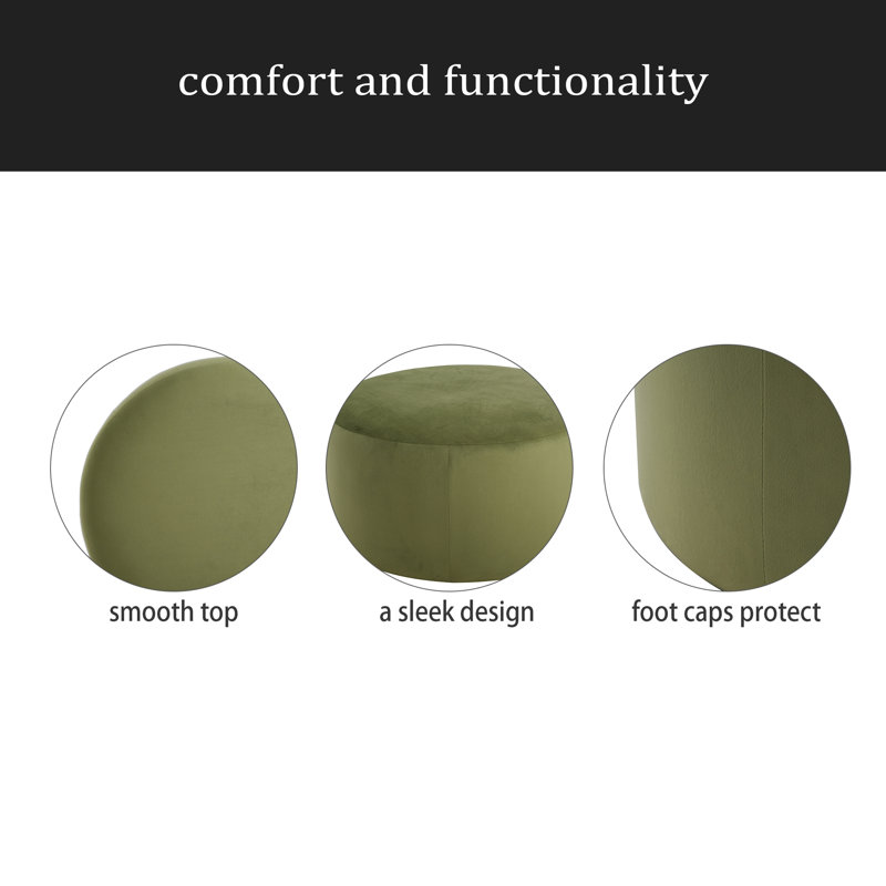 Upholstered Round Ottoman, Green Velvet
