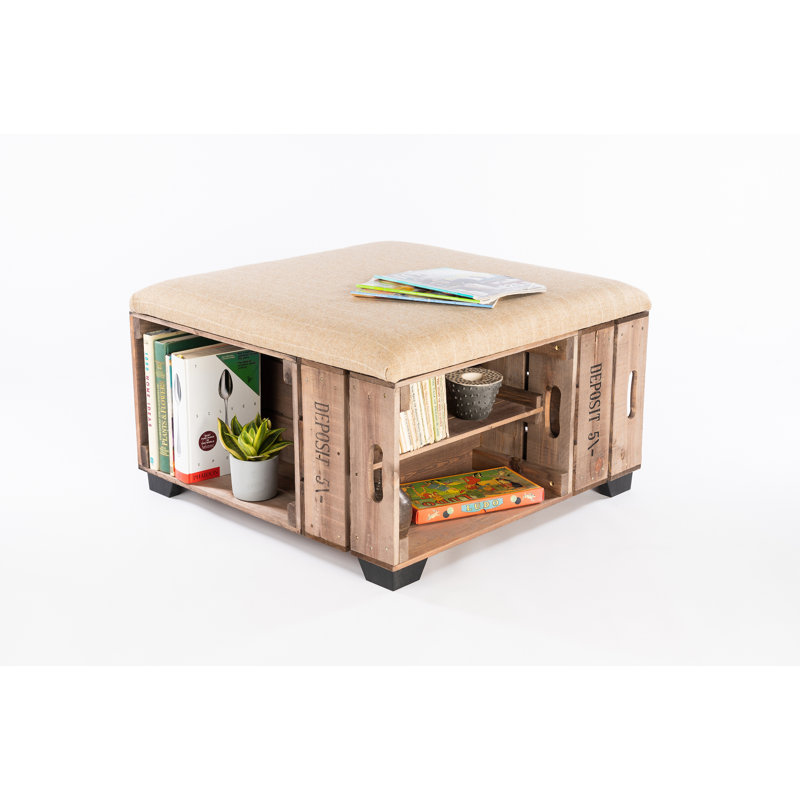 Krugerville 82cm Wide Square Striped Ottoman with Storage, Oatmeal