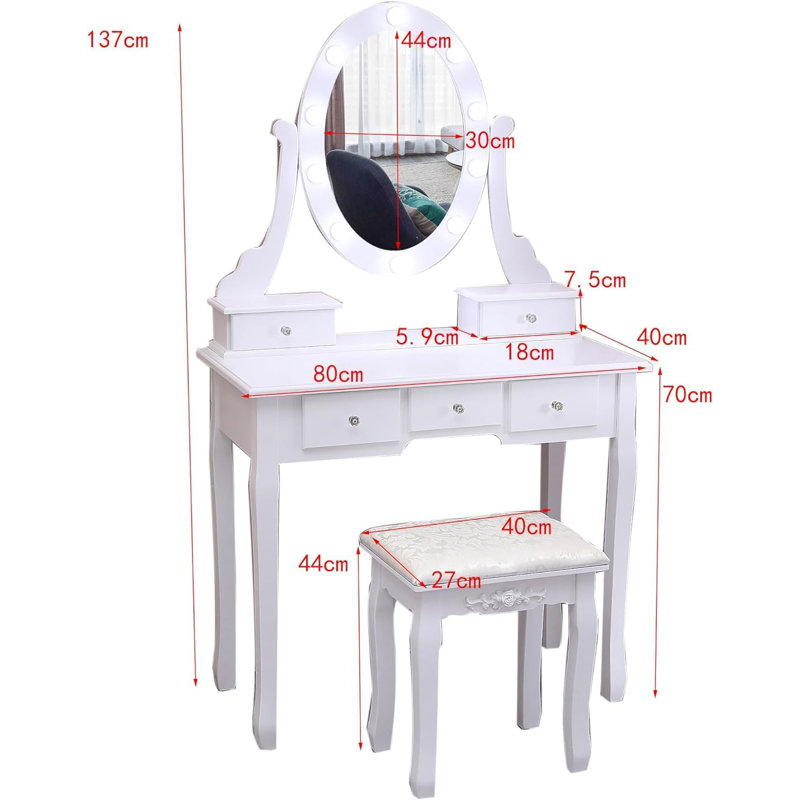 Modern Vanity Desk Set, Wooden Makeup Dressing Table with Illuminated Oval Mirror, Included Stool, 5-Drawer Storage, Complete Vanity Set with Mirror and Matching Seat，White