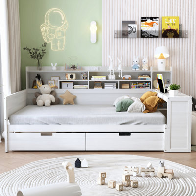Wooden Daybed With Storage Shelves, Multi-Functional Bed With 2 Storage Drawers And Study Desk