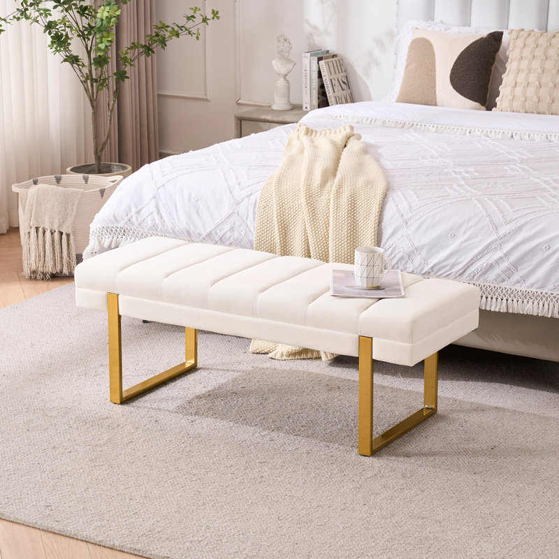 Laytona 46.5"W Tufted Bedroom Bench Entryway Bench with Metal Legs, Ivory, Gold