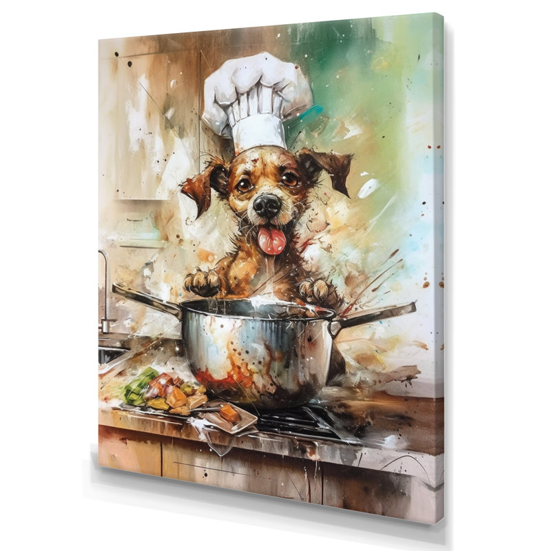 Brown Dog Chef In Kitchen - Dog Kitchen, reproduction d'art encadrée, H 32 po x l 16 po x P 1 po