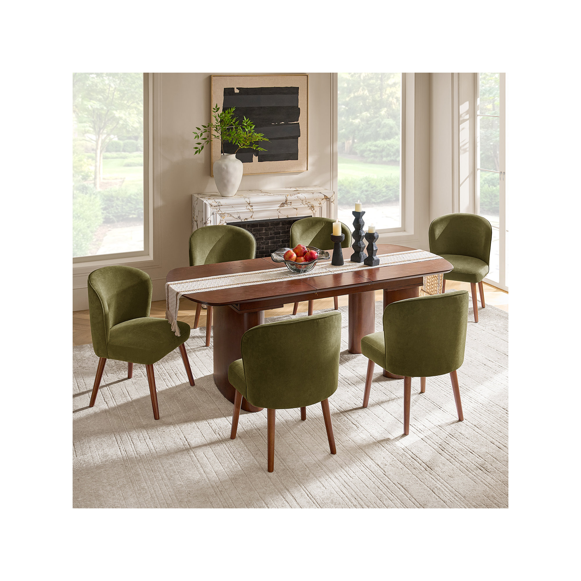 Palmdale Mid-Century Modern Upholstered Dining Chair Set, 6, Moss