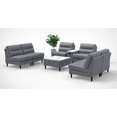 Ensemble de chaises de salle d'attente pour 6 personnes avec tables de chargement, ensemble de 8 pièces, gris 100% cuir véritable