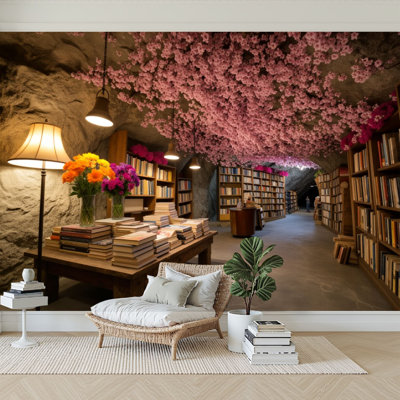 Peel and Stick Wallpaper 96" W x 69" H Modern Self Adhesive Wall Mural for Bedroom Cave Library Books Pink Floral Ceiling Decoration